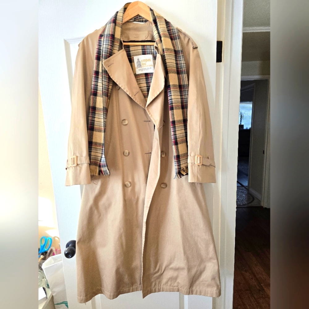 London Fog Tan Trench Coat with Plaid Scarf